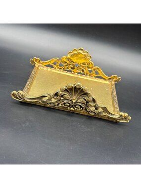 Vintage Brass Ornate Vanity Tray Seashell Gold Tone Decorative Accent Display
